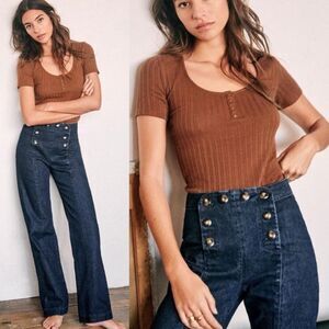 Sézane Le Parisien Jeans Size 40 US 8 High Rise Sailor Wide Leg Dark Wash Denin